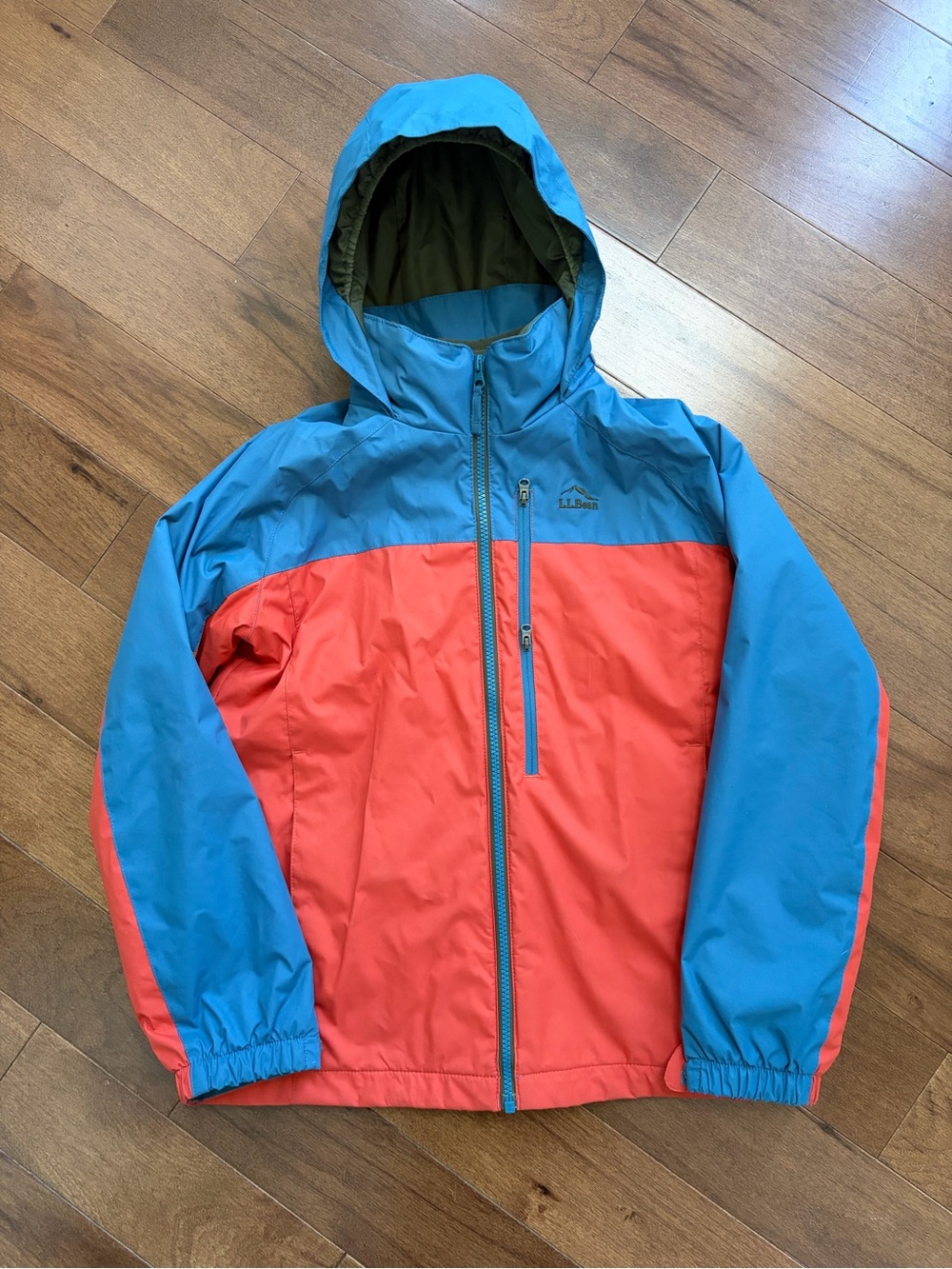 L.L. Bean Kids Two-Tone Hooded Rain Jacket - Blue & Coral